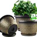8 Inch Plant Pots, 4 Pack Flower Pot Outdoor with Drainage Holes & Trays, Retro Antique Imitation Decorative Garden Plastic Planters Pots for Plants Indoor Sets for Houseplants (Gold 4-pack)