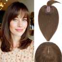 Rich Choices 100% Real Human Hair Topper with Bangs - Real Remy Hair Topper for Women Thinning on Top, 5.1x2.7 Inch Breathable Invisible Clip In Silk Base Hair Piece 8 Inch #4R Natural Brown