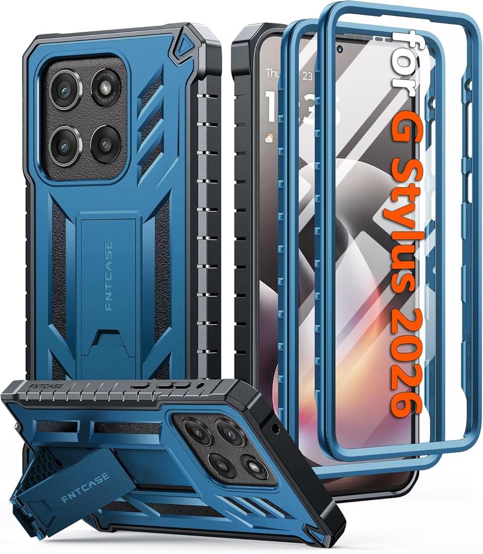 FNTCASE for Motorola Moto G-Stylus-2026 Case: with [Built-in Screen Protector & Kickstand] [2 Front Frames] [Military-Grade Drop Protection] Heavy Duty Shockproof Rugged Protective Cover Blue