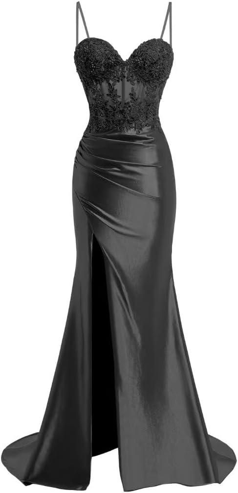 Spaghetti Strap Sweetheart Satin Prom Dresses with Split Lace Appliques Pleated Mermaid Long Evening Gown TM13 (10, Black)