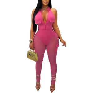 Women's Deep V Workout Jumpsuits - Sexy Summer Two Piece Sets for Going Out (Medium, Pink)