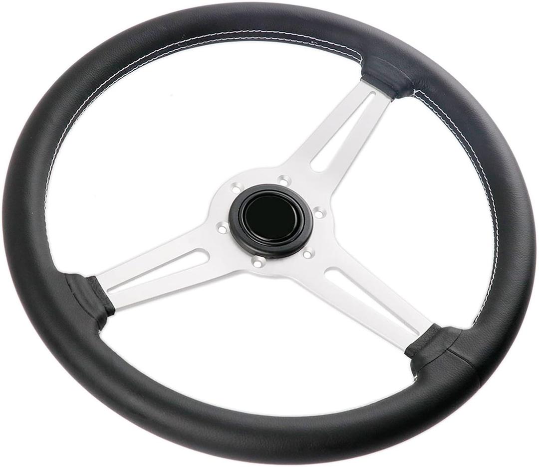 14 inch/350mm Genuine Leather Steering Wheel with Silver Spokes Flat Drift Racing Steering Wheel White Stitching