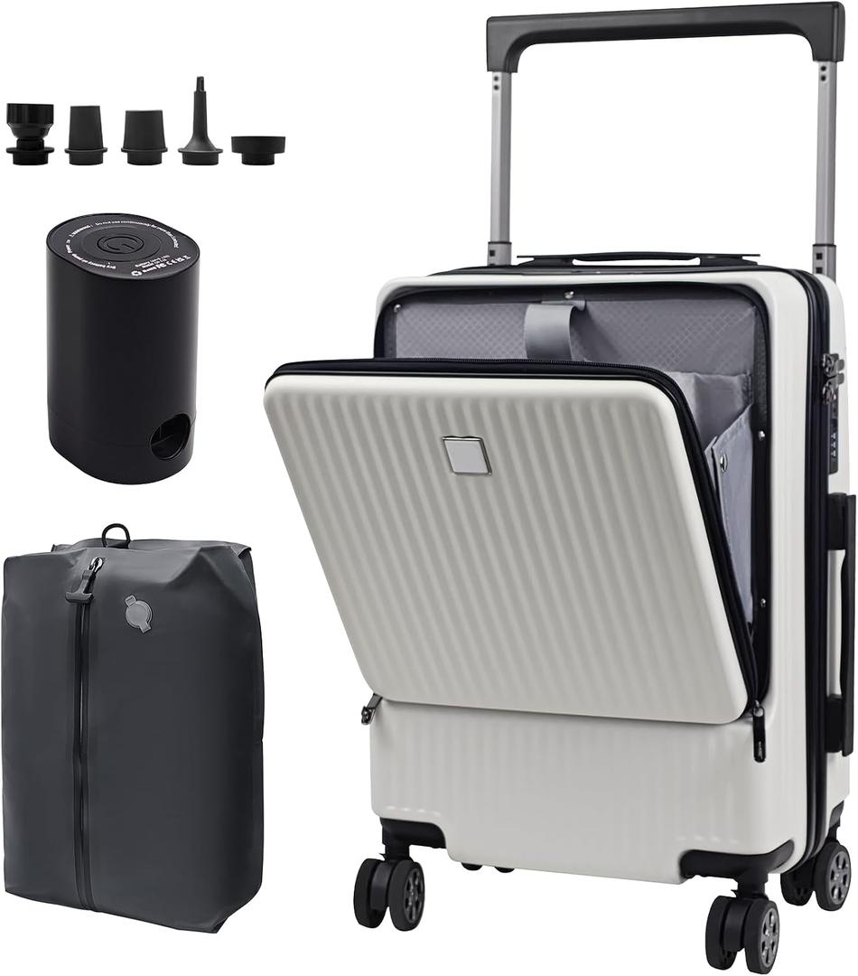 Luggage Suitcase Travel Vacuum Carry: 20 Inch Carry On Rolling Spinner Wheels with Air Vacuum Seal Compression Pump TSA Lock - ABS Hardside Lightweight Expandable Hardshell for Women Men White, 21x10x15 inches