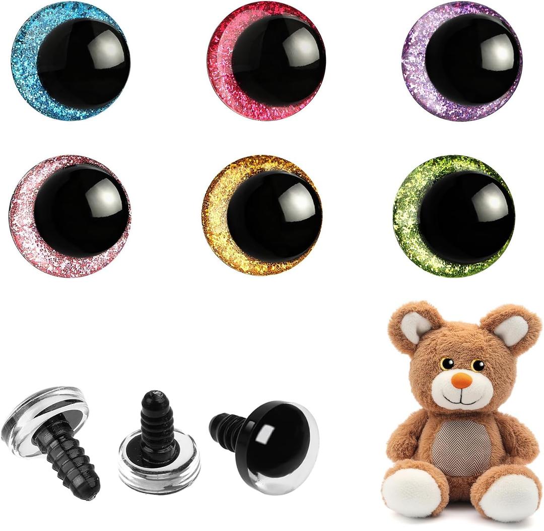 120pcs 18mm 3D Glitter Safety Eyes for Amigurumi, 6 Color Sparkle Safety Eyes with Washers for Crochet Animals, Plush Stuffed Animals, DIY Decorations