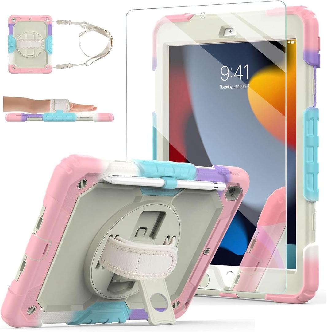 Ambison Case for iPad 9th/8th/7th Generation 10.2'' 2021/2020/2019, [Kid Proof] Full Body Protective Case with 9H Tempered Glass Screen Protector, 360 Rotatable Kickstand & Hand Strap (Light Pink)