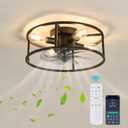 Black Caged Ceiling Fan with Lights Flush Mount Ceiling Fan with Remote Control 18 Inch Industry Metal Low Profile Fan for Farmhouse Dining Room Bedroom Kitchen Living Room