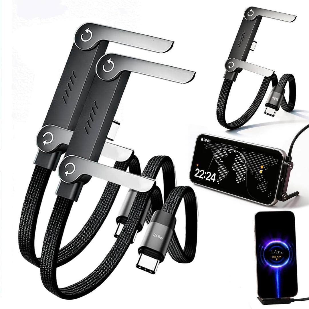 240W Braided Foldable Phone Stand Cord - 2 PCS Invisible Holder Charger Cable with Stand,T-Shaped Foldable Durable Type-C to Type-C for Smartphones & Tablets, 4.9FT