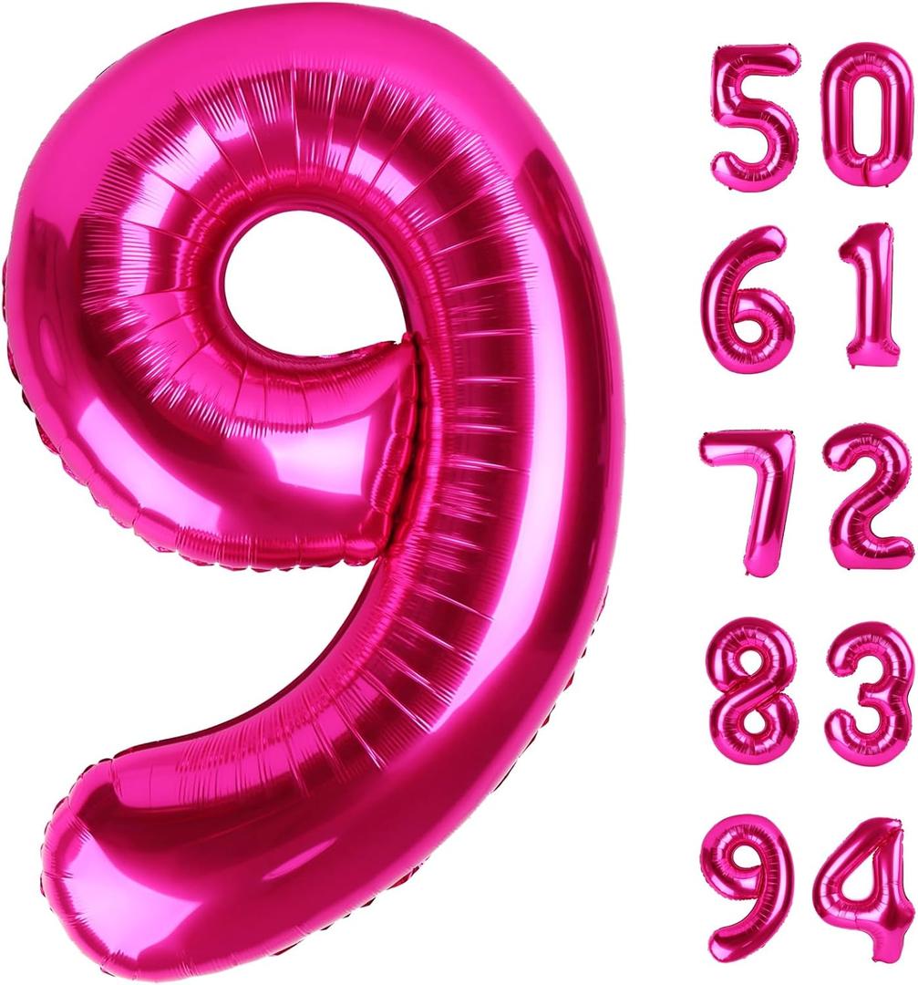 Hot Pink 9 Balloon, Number Balloons 40 Inch, 9th Giant Birthday Decorations for Girls, 19th 29th Party Decorations Supplies, Number 9 Balloon