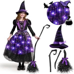 Spooktacular Creations Halloween Witch Costume Kids, Light Up Witch Dress with Hat and Broom for Girls, Toddlers Bat Outfit Set for Halloween Costumes Role Play Parties, Purple (3T(3-4 yrs))