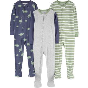 Simple Joys by Carter's baby-boys 3-pack Snug Fit Footed Cotton Pajamas (Green Stripe/Grey Heather/Indigo Wash Dinosaur)
