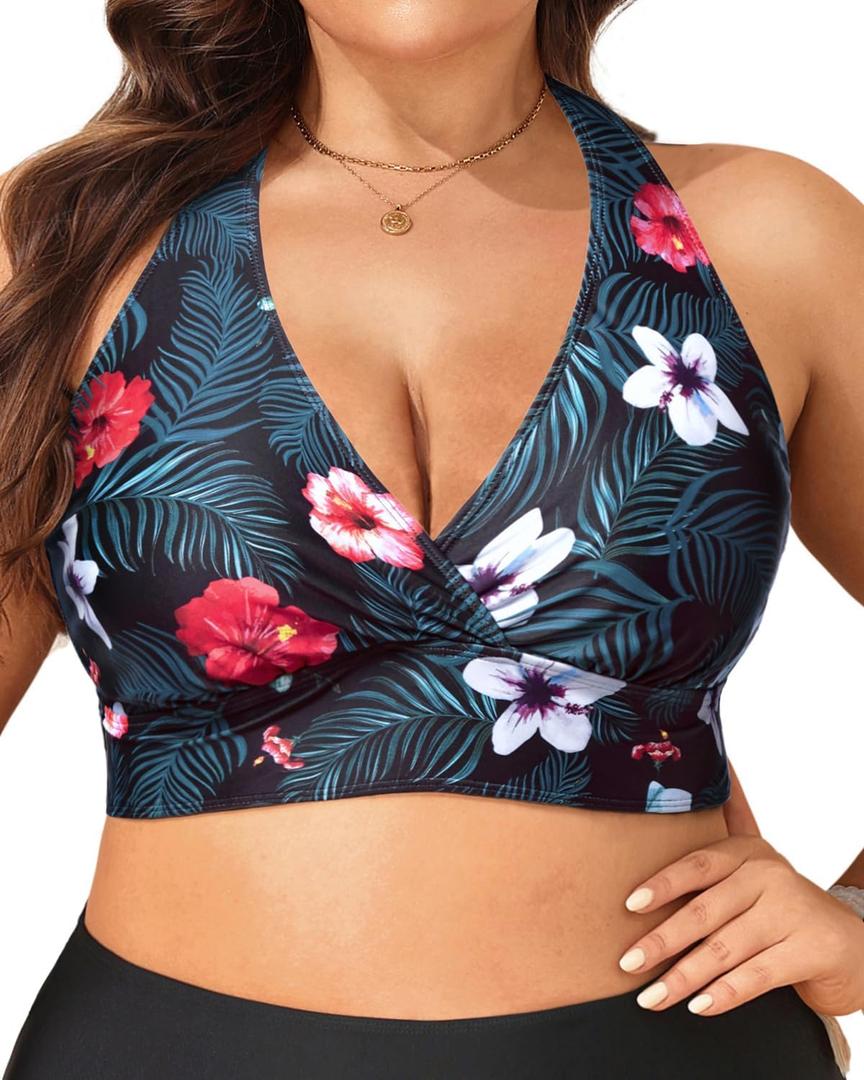 Yonique Women's Plus Size Bikini Tops Only Halter Swimsuit Top Large Bust Swim Top V Neck Bathing Suit Tops (Black Floral, 16W)