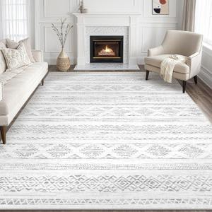Tortania Area Rug Living Room Rugs - 9x12 Washable Large Soft Neutral Boho Moroccan Bohemian Farmhouse Rug Indoor Floor Carpet for Bedroom Under Dining Table Home Office Decor - Ivory Gray