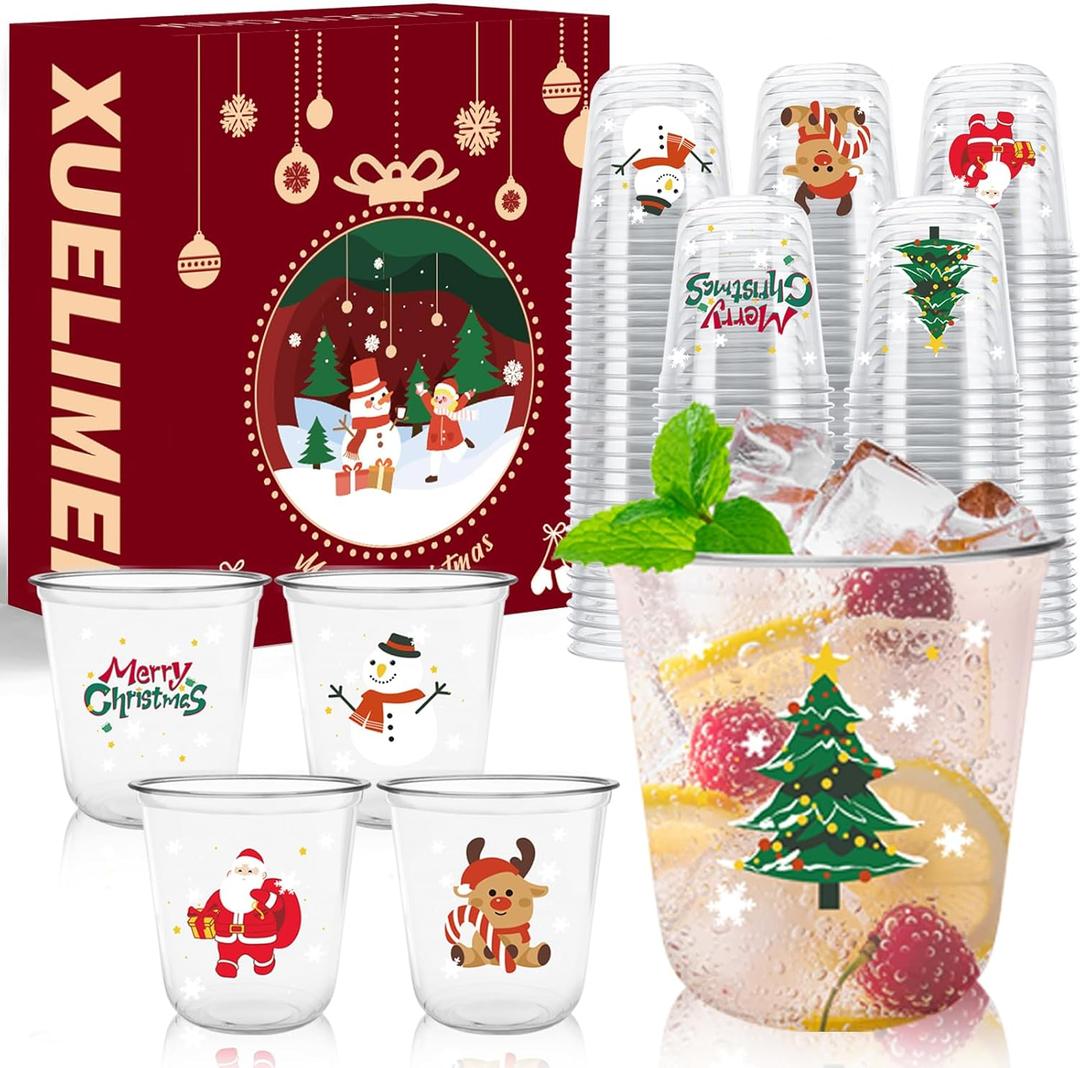 12oz Christmas Disposable Plastic Cups-Xmas Tree Santa Reindeer Snow Cold Drinks, Coffee, Beer, Drinks, Ice Cream, Drinking Cups for Party Supplies Winter Coffee Juice Drink Party Supplies. (100)