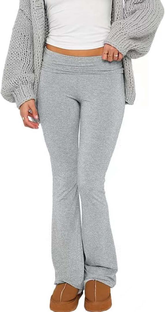 Sumleno Women Y2k Skinny Pants Flare Leggings Low Rise Fold Over Waist Bootcut Stretchy Yoga Sweatpants Lounge Streetwear (Gray, S)
