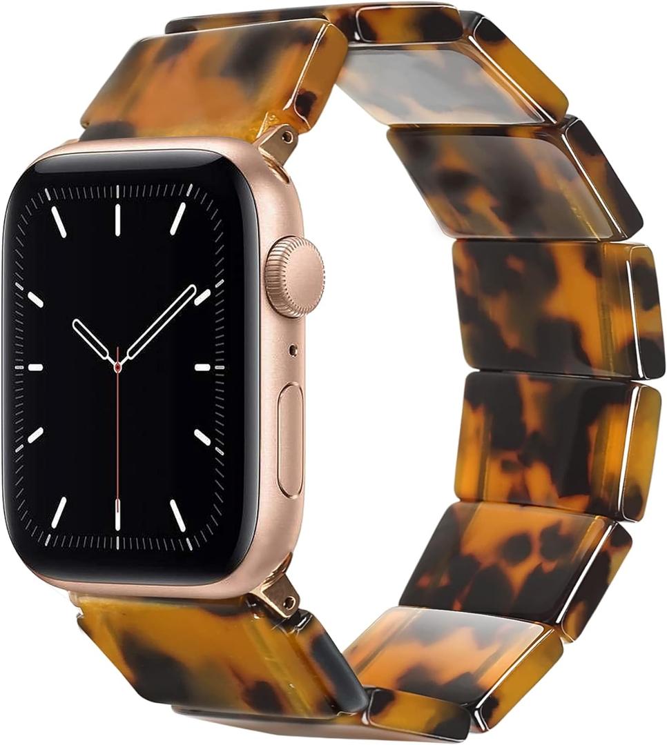 Heesch Upgraded Stretchy Resin Watch Band Compatible with Apple Watch for Women, Men, Tortoise Shell Fashion Watch Strap Bracelet Wristband for iwatch Series Ultra/10/9/8/7/SE/6/5/4/3/2/1, 38/40/41/42mm, 42/44/45/46/49mm, Rectangle Version