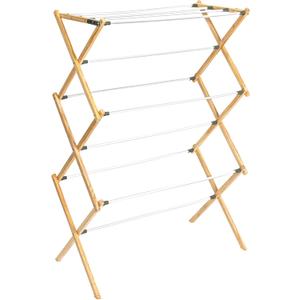 Household Essentials X-Frame Clothes Drying Rack, Stabile Wood Frame with Slanted Feet, Smooth Vinyl Wrapped Rods, 23.8 Feet of Hanging Space, Ready to Assemble, Flat Top, Natural