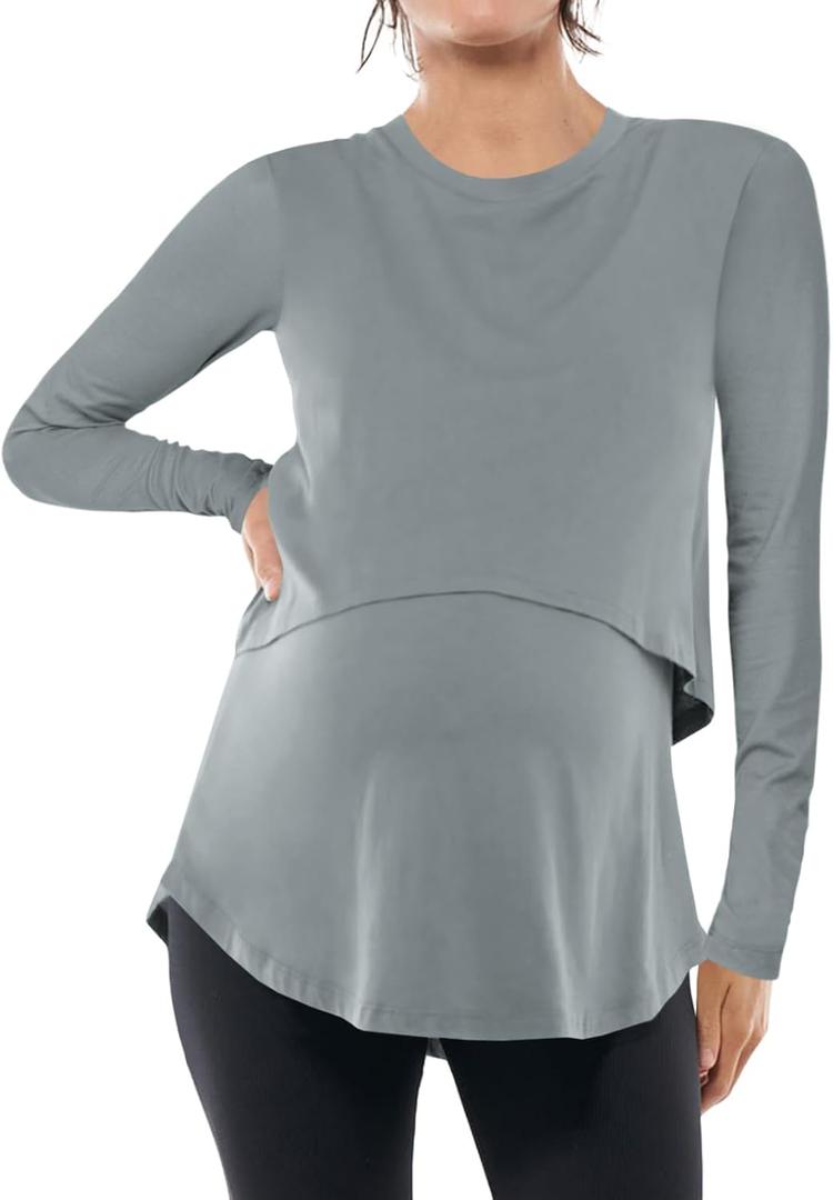 Tankaneo Womens Maternity Nursing Tops Long Sleeve Double Layer Breastfeeding Shirts Pregnancy Clothes (Medium, Grey)