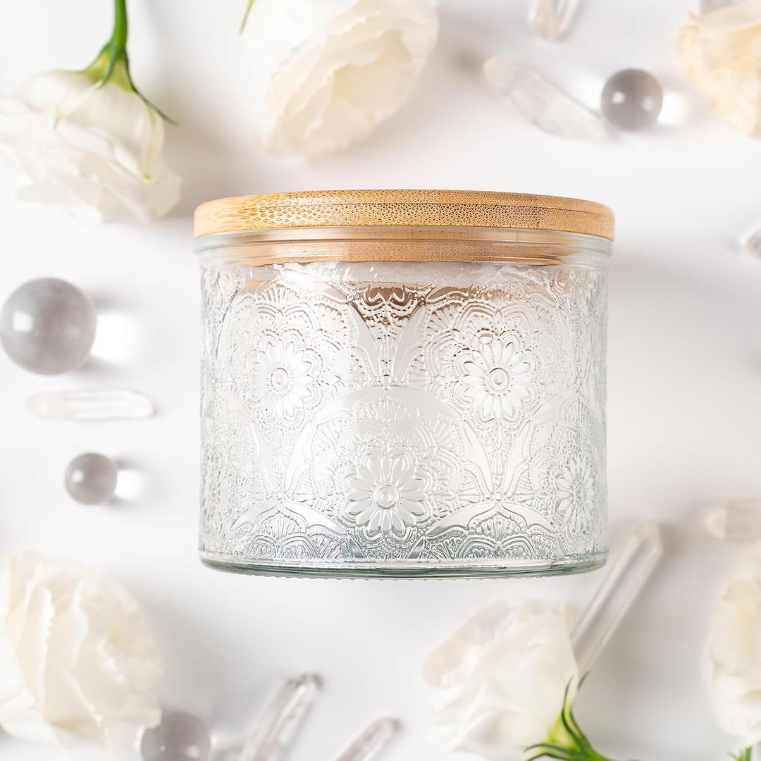 10 oz Embossed Glass Candle Container with Bamboo Lids and Labels, Clear Candle Jars for Making Candles, Mandala Design - Pack of 9