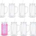 8 Pack 16 Oz Snow Globe Tumbler with Handle, Acrylic Snow Globe Cups with Pre-drilled Hole and Plug, Double Wall Reusable Clear Plastic Travel Coffee Mug for Snowglobe Glitter DIY Gift (Clear)