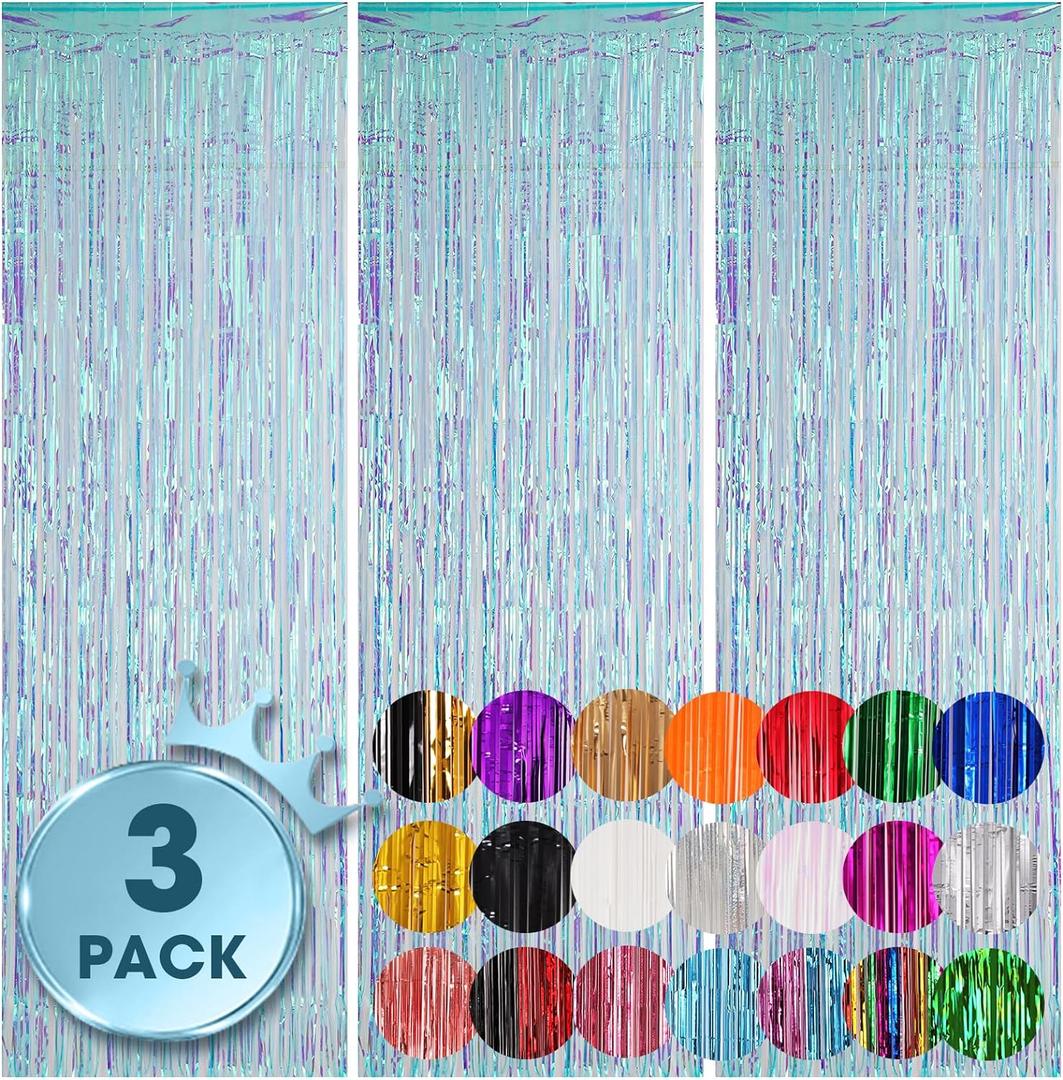 Voircoloria 3 Pack 3.3x8.2 Feet Neon Iridescent Foil Fringe Backdrop Curtains, Tinsel Streamers Birthday Party Decorations, Fringe Backdrop for Graduation, Baby Shower, Gender Reveal, Disco Party