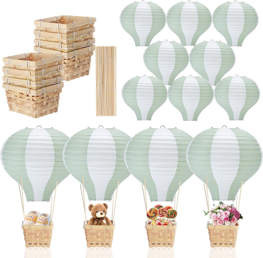 Meooeck 8 Sets Hot Air Balloons Baby Shower Table Decorations Centerpieces 11.8'' Paper Lanterns with Baskets Sticks for Gender Reveal Birthday Wedding Graduation Party (Sage Green with White)