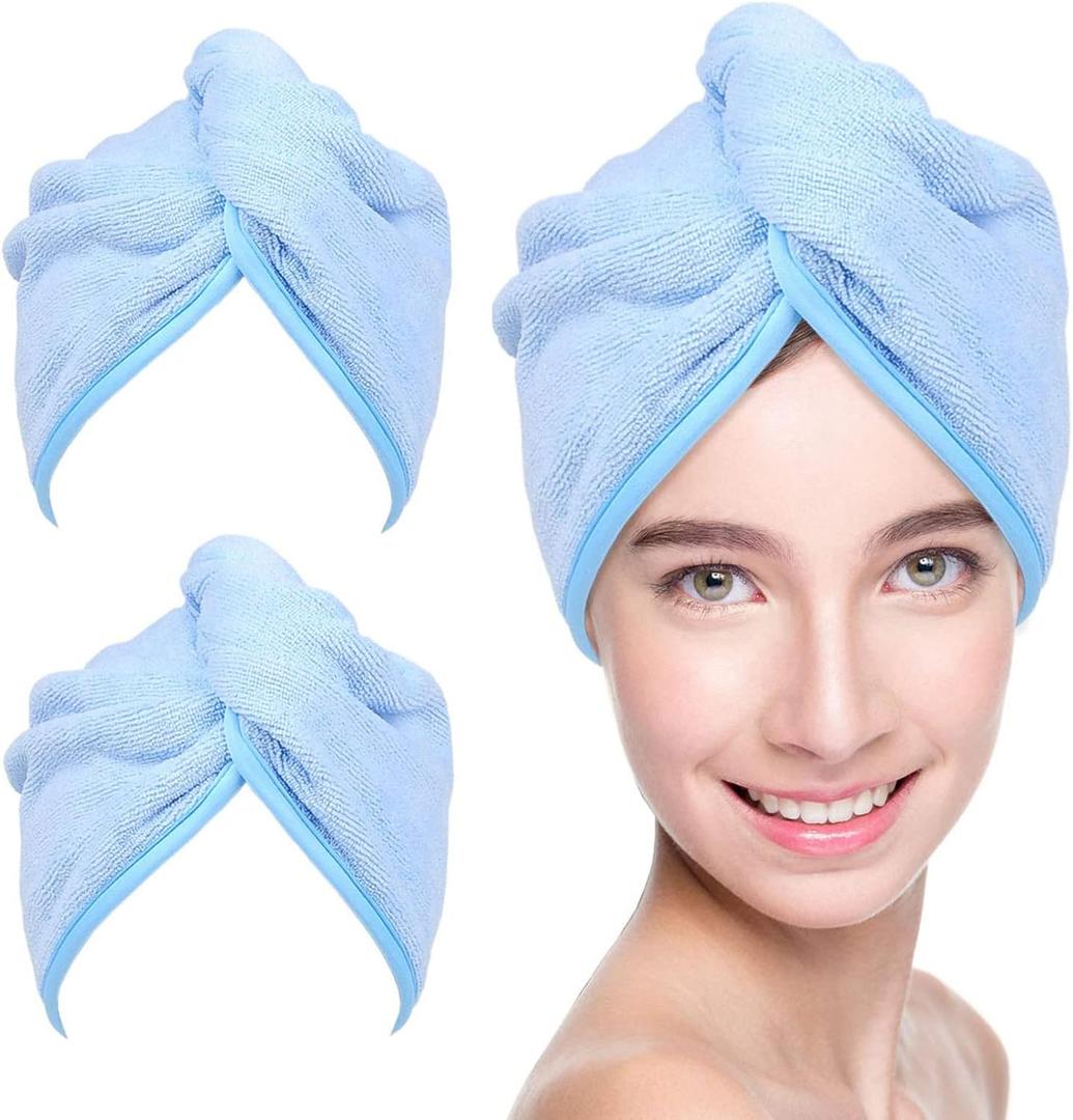 YoulerTex Microfiber Hair Towel Hair Wrap: 2 Pack 10X26 Hair Dryer Towels for Women Absorbent Turban Twist Hair Drying Shower Cap Curly Hair Products for Hair Care Hair Accessories (07 2-Pcs Blue)