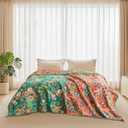 Boho Throw Blanket - 90"x90" 100% Cotton Ultra Soft Lightweight Spring Blanket, 4-Layer Breathable Muslin Blankets for Bed Couch, Reversible Green Floral Printed Bohemian Cotton Quilt