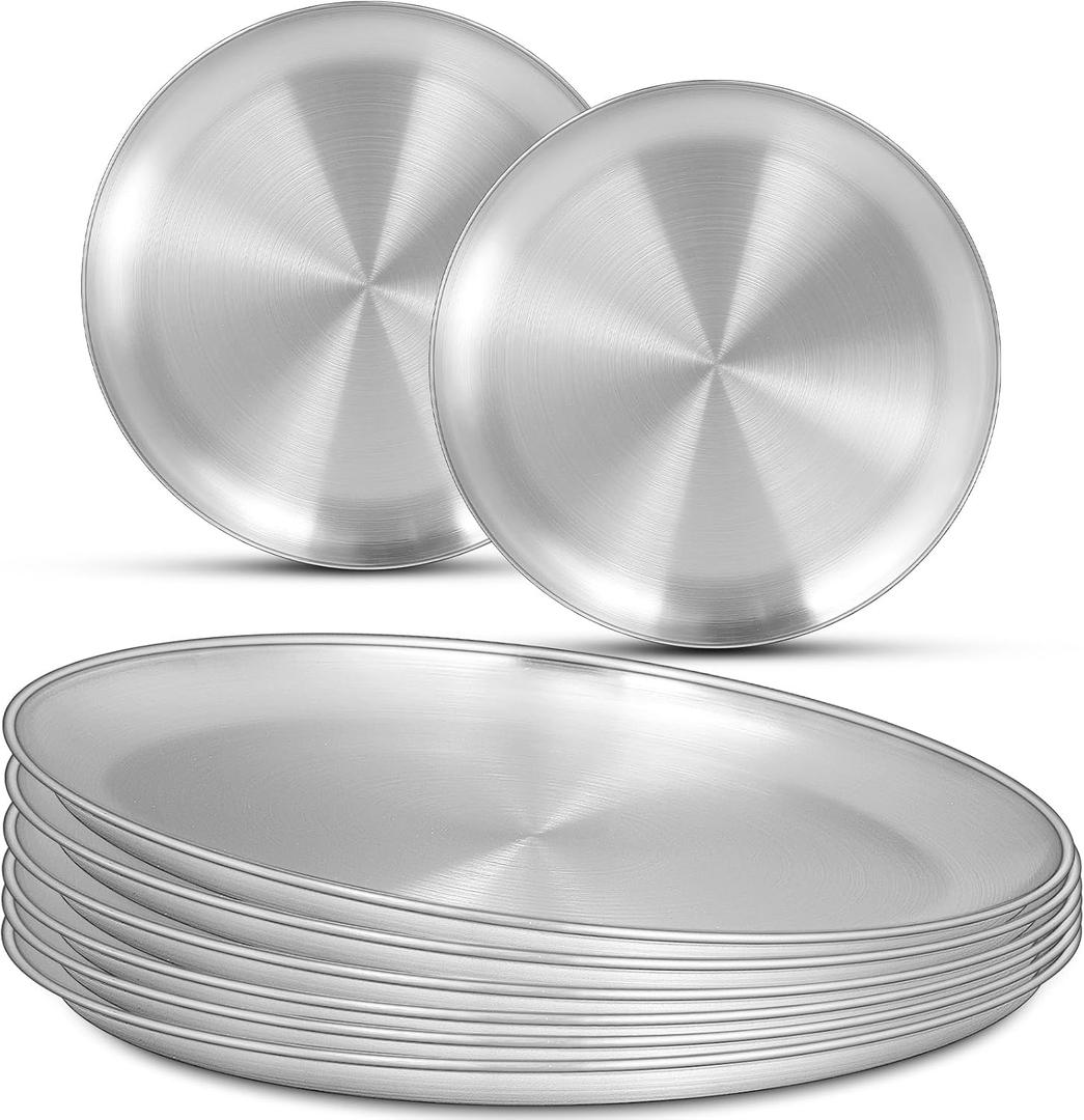 EWFEN 8 Pack Stainless Steel Plate Set, 10 Inch Metal Lightweight Unbreakable Dinner Dishes Plates Set, Round Camping Plates for Serving Dishes Dessert Salad, Non Toxic & Reusable, Dishwasher Safe