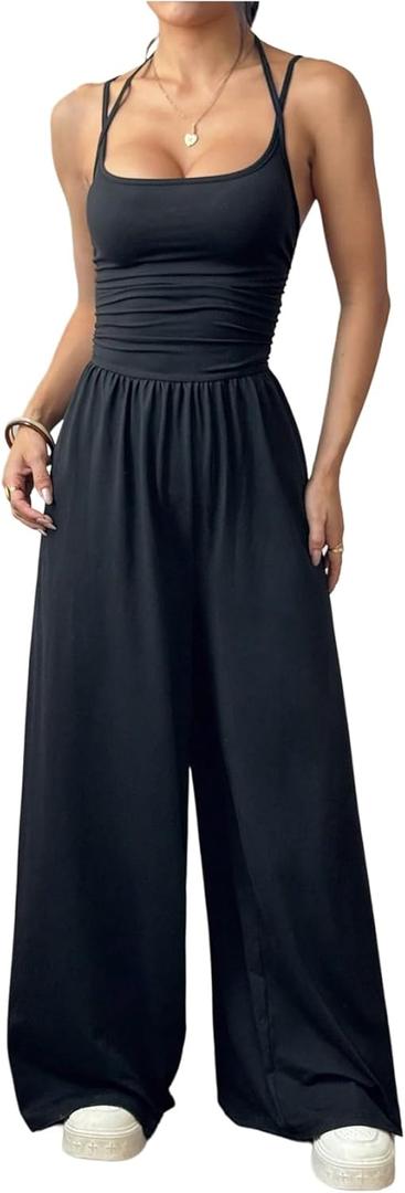 Floerns Women's Summer Jumpsuit Spaghetti Strap One Piece Outfit Wide Leg Baggy Pants Romper (Black) XS