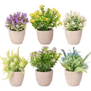 LUEUR Set of 6 Potted Artificial Flowers Arrangement, Fake Flowers with Vases Faux Flowers in Pot for Centerpiece Table Decorations Spring Decor for Home Office Desktop