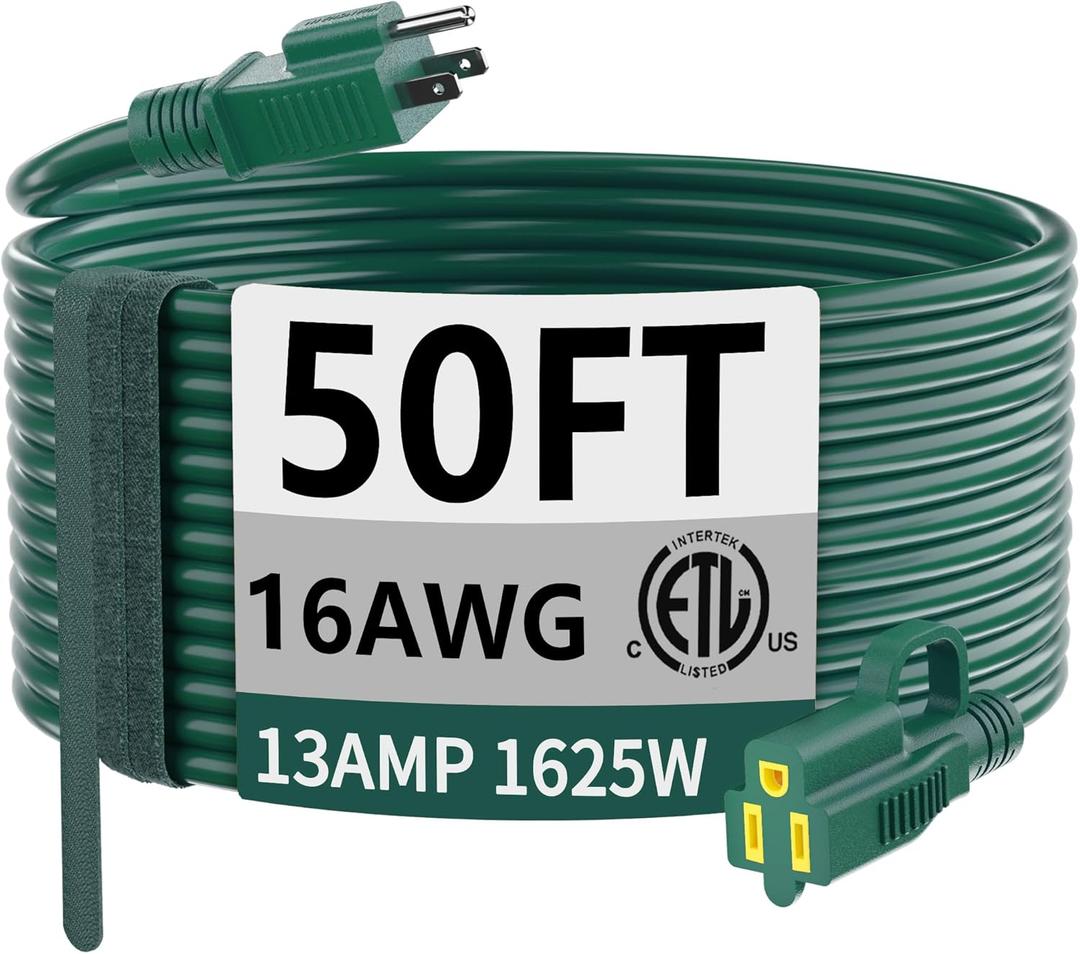 HUANCHAIN Indoor Outdoor Green Extension Cord 50 ft Waterproof, 16/3 Gauge Flexible Cold-Resistant Appliance Extension Cord Outside, 13A 1625W 16AWG SJTW, 3 Prong Electric Cable, ETL
