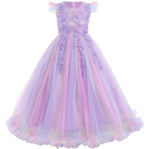Flower Girls Maxi Dress Bridesmaid Wedding Pageant Party Princess Communion Floral Boho Vintage Lace Dance Gown, Size 140 (Purple)