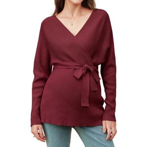 OUGES Womens Soft Cotton Blend Maternity Sweater Wrap V Neck Long Sleeve V Back Fall Shirts Pregnancy Outfits with Belt (Small, Wine Red)