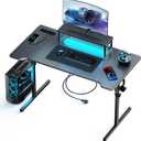 Small Gaming Desk with LED Lights & Power Outlets, 47 Inch Computer Desk with Monitor Stand, PC Gaming Table with Carbon Fiber, Black
