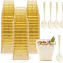Tebery 100 Pack 8oz Gold Glitter Medium Plastic Dessert Cups With 100 Spoons Square Dessert Bowls for Tasting Party Desserts Appetizers