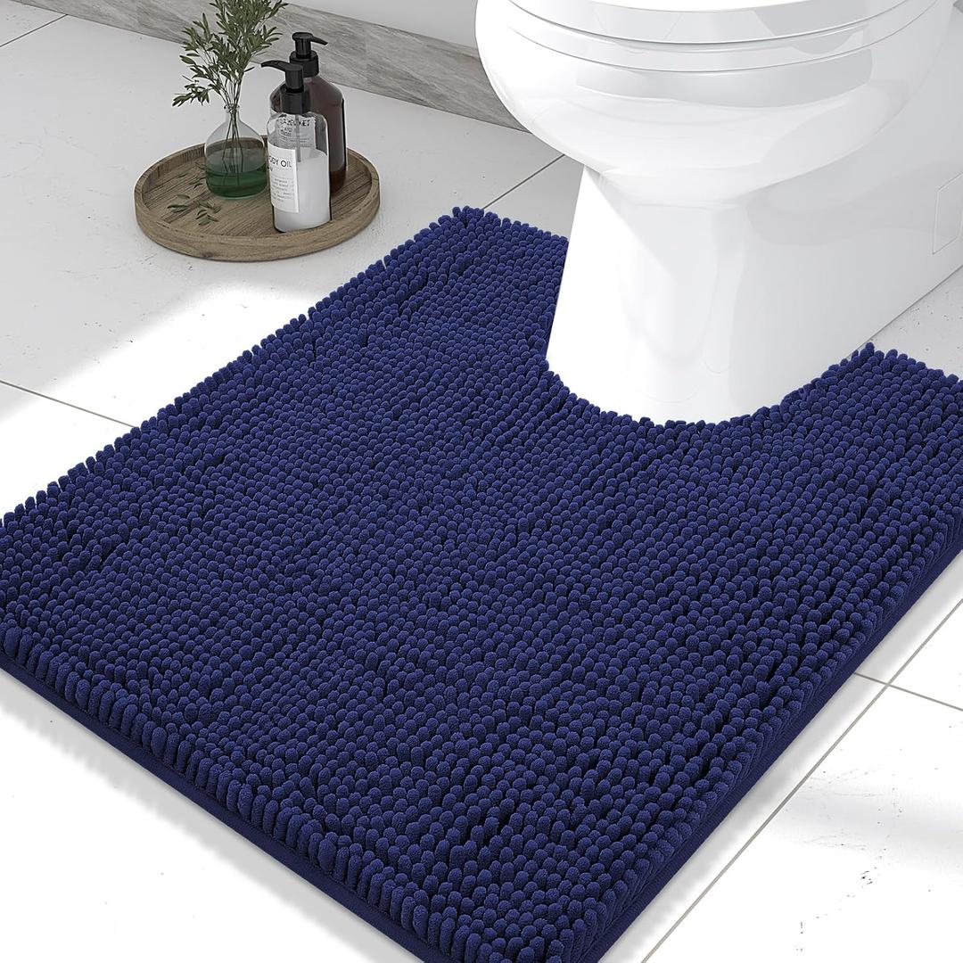 Smiry Luxury Chenille Toilet Rugs U-Shaped 24x20, Soft Absorbent Non-Slip Contour Bathroom Rugs for Toilet, Machine Washable Contoured Bath Mats, Navy Blue
