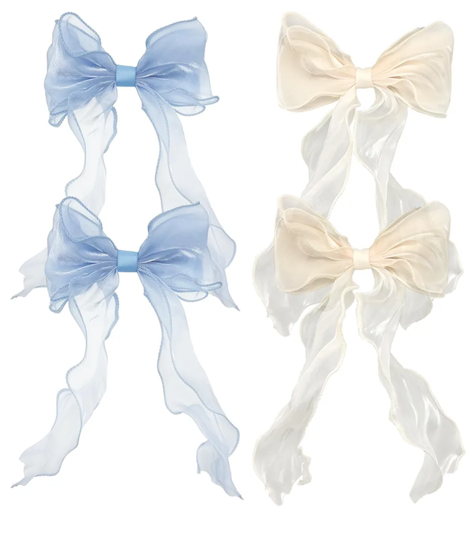 4 PACK Light Blue and Champagne Big Ribbon Hair Bows, Large Hair Accessories, Oversized Long-tail Hair Clips for Women and Girls Hair Styling Accessories.