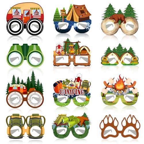 JIUMANGO 24 PCS Camping Paper Eyeglasses Camping Party Favors Supplies Camping Camp Birthday Party Decorations Gifts Photo Booth Props for Kids Boys Girls
