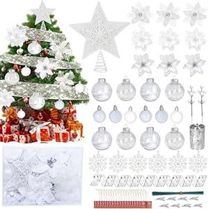76PCS Christmas Tree Decorations Set, Gold Christmas Ornaments Decoration Artificial Poinsettia Flowers with Star Tree Topper Berries Stems Mesh Ribbons Snowflakes for Holiday Xmas Tree Decor