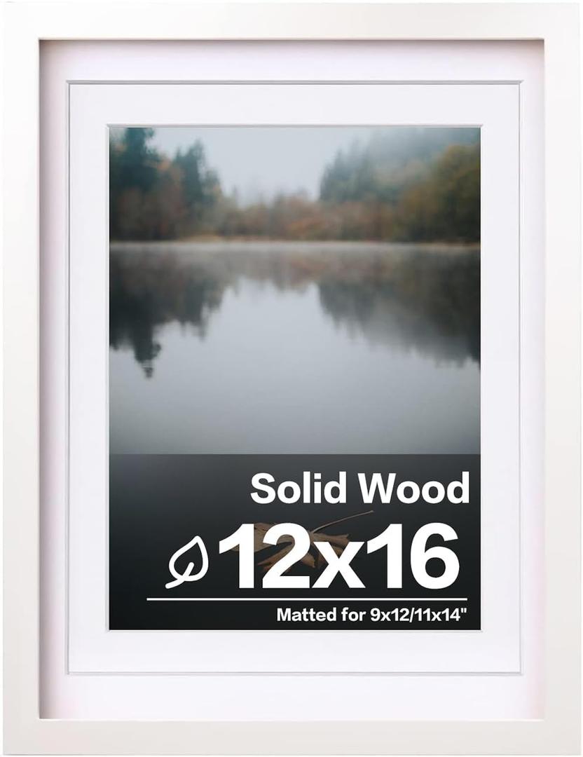Egofine 12x16 Picture Frame White Covered by Plexiglass Made of Solid Wood, Display Pictures 9x12 and 11x14 with Mat or 12x16 Without Mat for Wall Mounting