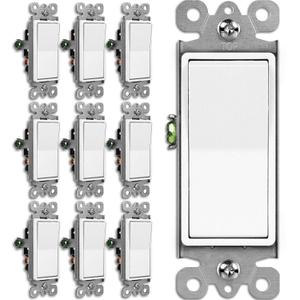 BESTTEN 10 Pack 3-Way Decorator Light Switch, 15A 120/277V, Single Pole or Three Way, Rocker Paddle Wall Switch, On/Off Rocker Interrupter, UL Listed, White