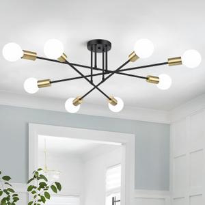 Modern Sputnik Chandelier 8-Light Industrial Ceiling Lights Fixture 32" Black and Gold Semi Flush Mount Ceiling Light with E26 Base Sputnik Lights Fixture for Dining Room Bedroom Hallway Living Room