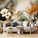 Flower Series Mural Colorful Leaves Seamless Wall Mural, Birds Resting on Flowers Wallpaper for Bedroom, Living Room, Bathroom Background Wall DecorationNon-self-Adhesive (127" x 77")