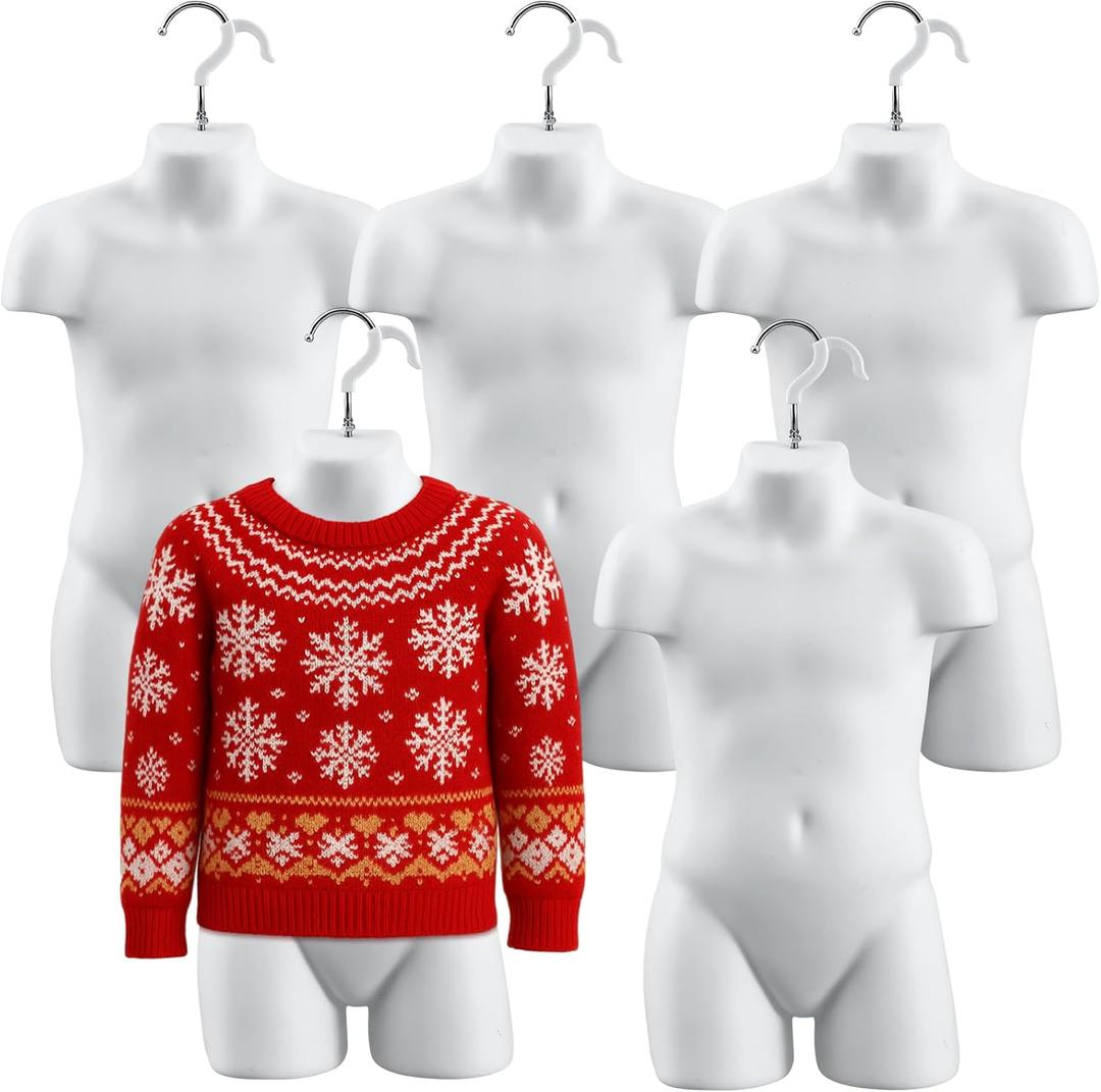 Tioncy 5 Sets of White Toddler Child Mannequin Torso Hollow Back Body Stackable Dress Form with Hanging Hook 20.5 x 12.6 Inch PP Material for T-Shirt Display, Countertop, Craft Exhibitions, Size 5t-7