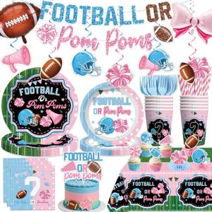 Football Gender Reveal Decorations All-in-one Set for Boy or Girl, Serves 25, Football or Pom Poms Gender Reveal Decorations Include Tableware Balloon Banner Tablecloth Cupcake Topper, Etc.