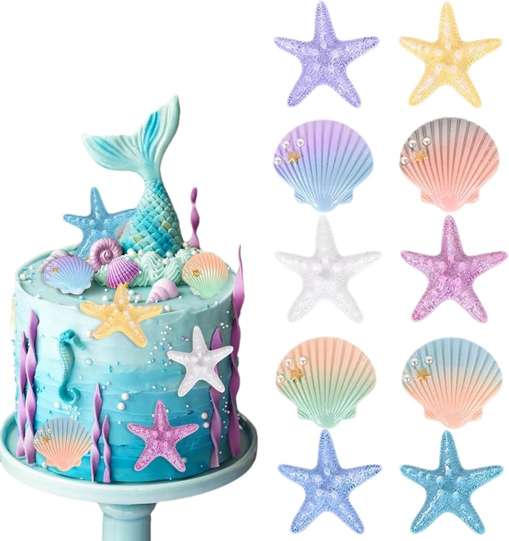 10Pcs Starfish Shell Cake Decorations Resin Beach Theme Cake Topper Under the Sea Ocean Birthday Party Decor DIY Phone Case Craft Jewelry Accessories (A)