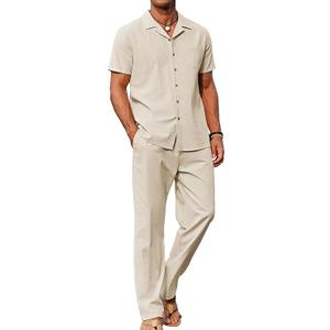 COOFANDY Men 2 Piece Linen Outfit Beach Button Down Shirt Casual Loose Pant Sets, Size: L