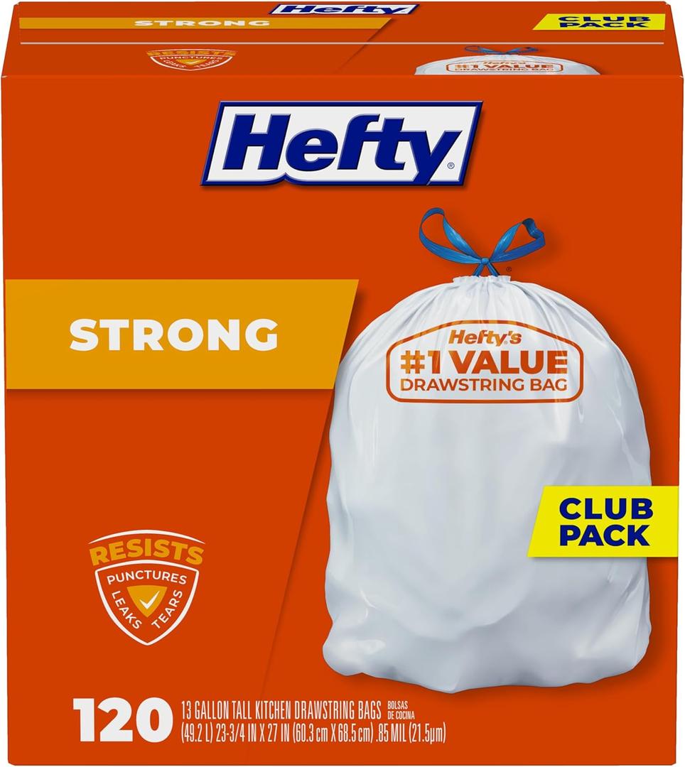 Hefty Strong White 13 Gallon Trash Bags with Drawstrings, Unscented Tall Kitchen Trash Bags, Resists Leaks, Punctures, and Tears, Durable Closure, 120 Ct.