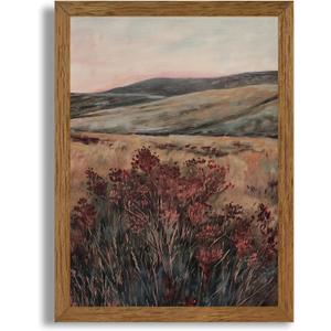 JLTULT Framed Vintage Landscape Canvas Wall Art, Maroon Flower Scenery Paintings Wall Decor, Maroon Dark Wildflower Picture Art Prints for Living Room Bedroom Office Decoration 12x16 inch Easy to Hang