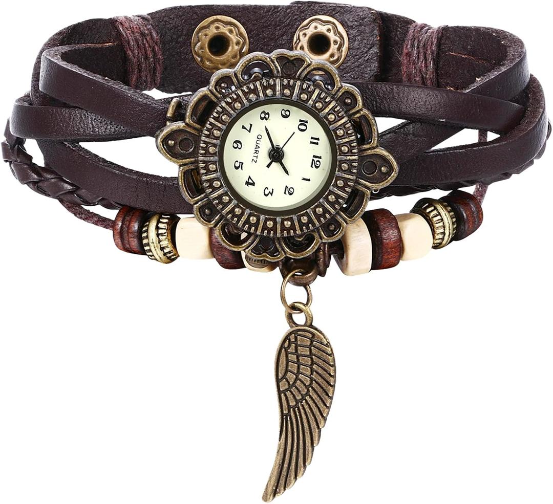 JewelryWe Women Quartz Bracelet Watch Fashion Weave Wrap Around Leather Wrist Watch Classic Bracelet Watch for Summer Beach for Valentine's Day (Feather Brown)